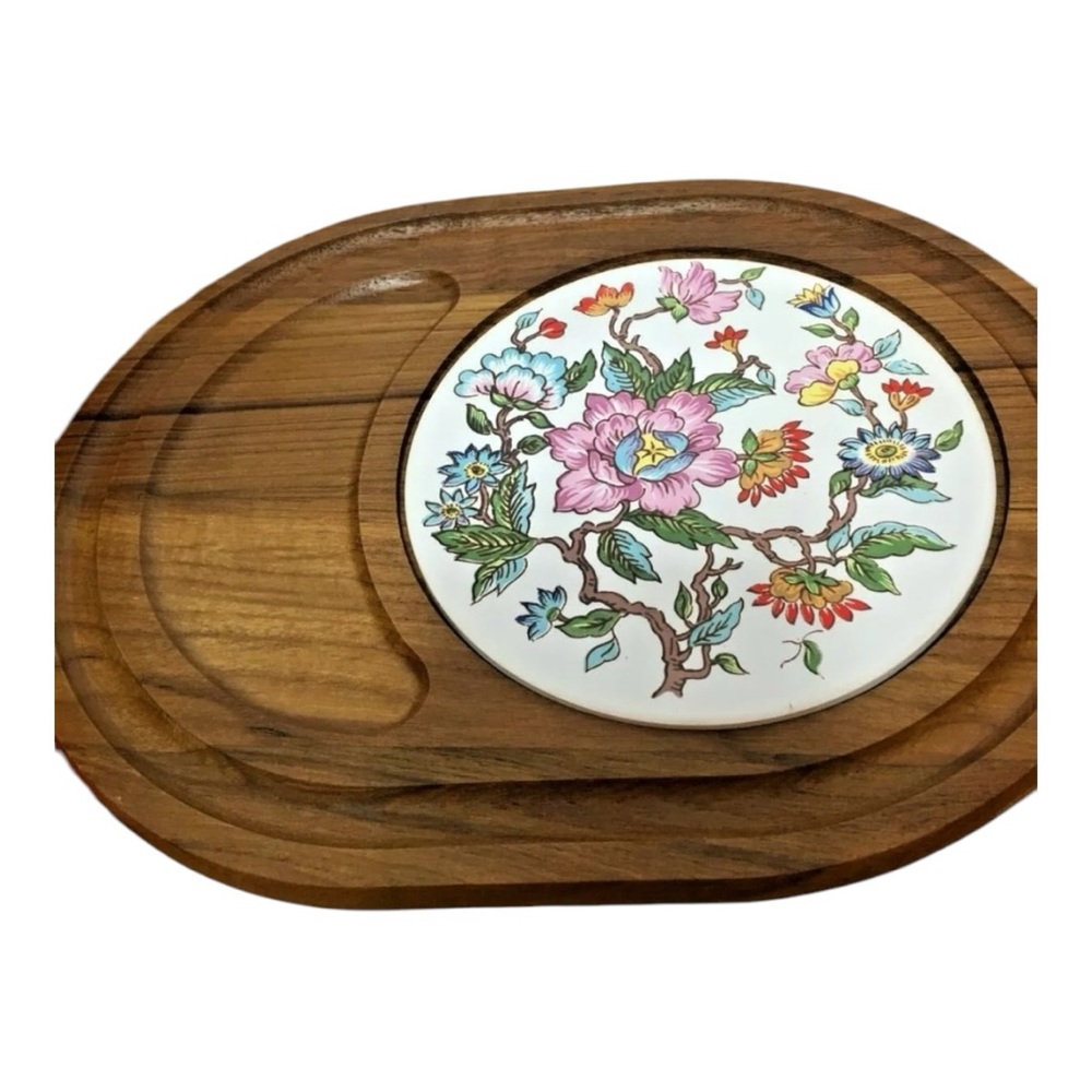 Handcrafted Teakwood Oval Cheese Server Tray Marble Tile 12"